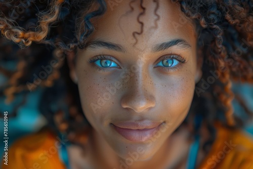 The intricate details of curly hair stand out against a blurred blue and orange background, showcasing texture and pattern