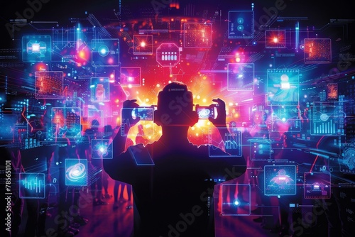 Someone immersed in a virtual environment with intricate graphics depicting futuristic technology concepts
