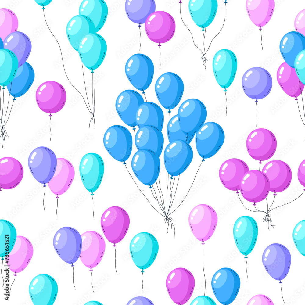 Helium balloons seamless pattern. Colorful floating balloons endless design, flying glossy balloons flat vector background illustration. Birthday party balloons seamless pattern