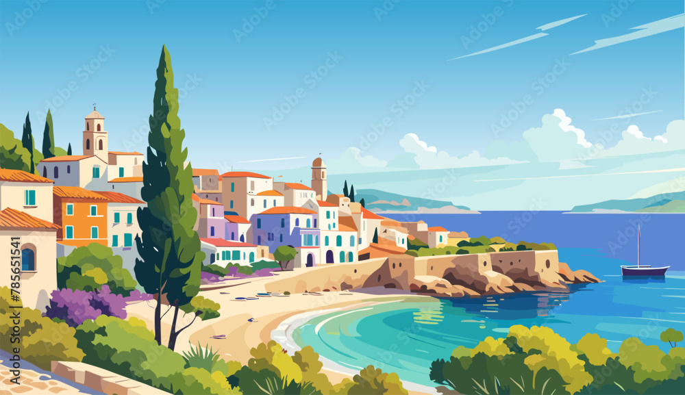 Mediterranean sea beach landscape. Italy, Greece, Spain Travel destination. Seaside with old traditional houses. Vector colorful illustration of european coast. Summer banner, poster, background.