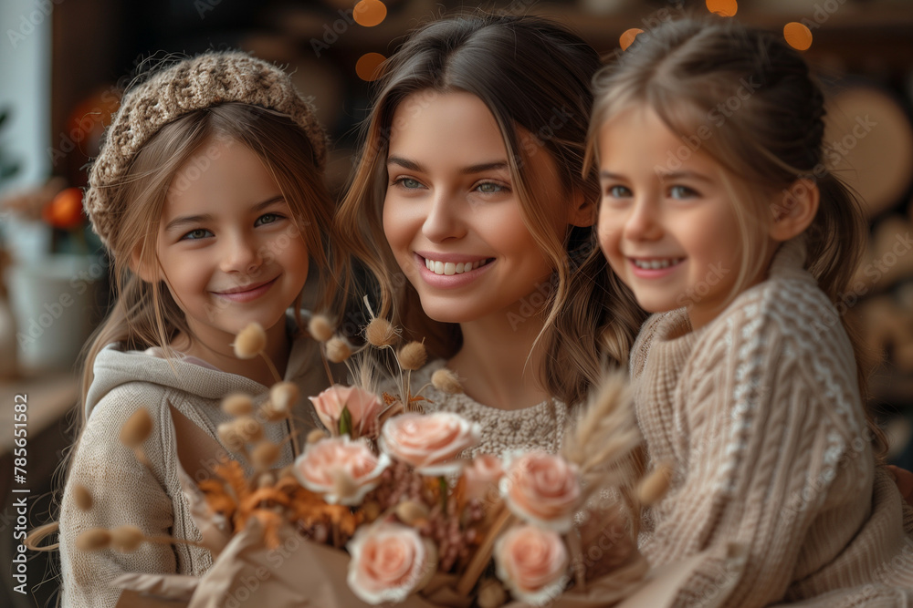 Portrait of happy mother and daughter, mother and child with a bouquet of blooming flowers. Mother's Day holiday card, concept. Family, love, gift Portrait of happy mother and daughter, mother and child with a bouquet of blooming flowers. Mother's Day holiday card, concept. Family, love, gift