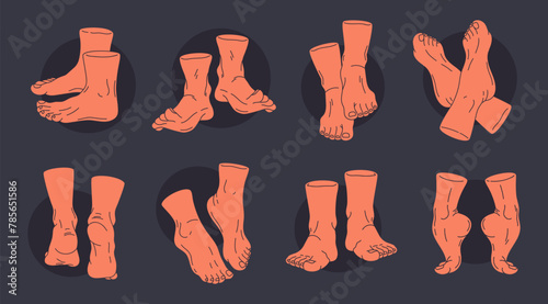 Human feet in different positions. Barefoot legs, male or female bare pairs of legs, back, front, side feet view flat vector illustration set. Cartoon hand drawn feet collection