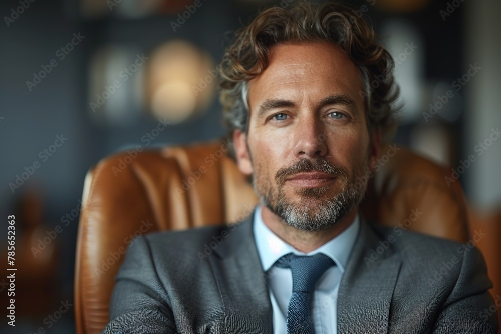 Close-up of a professional in a suit seated in a luxurious leather office chair, evoking leadership Close-up of a professional in a suit seated in a luxurious leather office chair, evoking leadership
