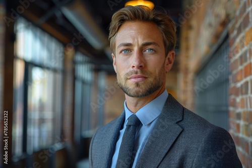 Young, sharp dressed professional male poses confidently in front of a brick wall in an urban environment photo