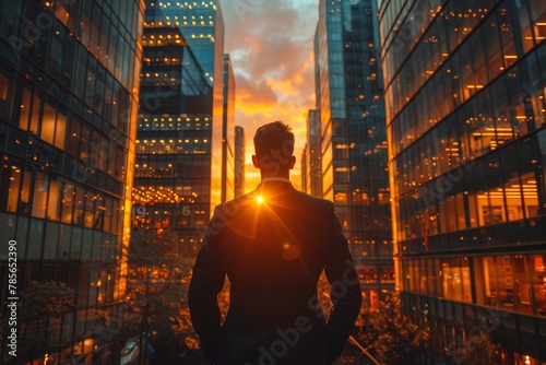 A man in business attire views a sunset over an illuminated cityscape  encapsulating end of day reflection