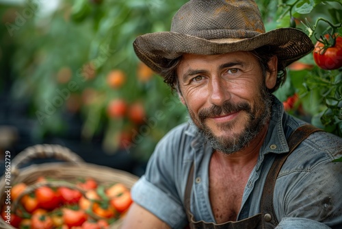 A mature farmer in a hat gathers ripe tomatoes in a greenhouse, symbolizing organic farming and sustenance
