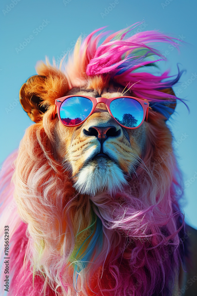 Lion with a rainbow mane and wearing sunglasses