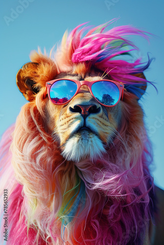 Lion with a rainbow mane and wearing sunglasses © Oleksandr