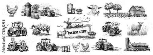 Rustic Charms of Farm Life Illustrated. Use like countryside background with element of agriculture, cows, barn, tractor, silo, granary, farming, rural, livestock, farm animals, nature.