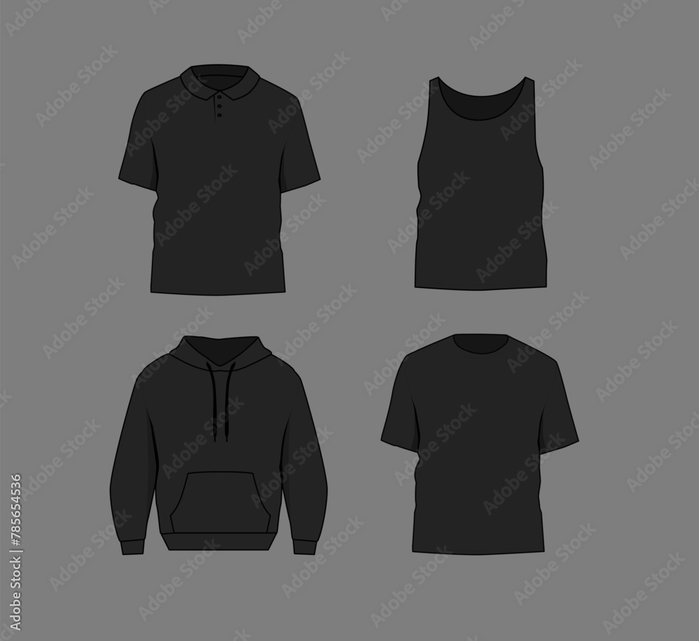 Naklejka premium Basic black and white male polo, t-shirt tank top and hoodie mockup. Blank textile print template for fashion clothing.