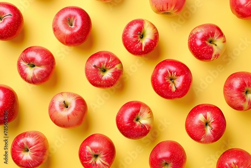 Pattern of ripe red apples on yellow background