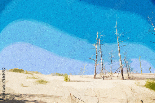 Ilustracja krajobraz wydmy i suche pnie drzew na tle błękitnego nieba.