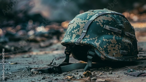 Modern military helmet laying abandoned on the ground