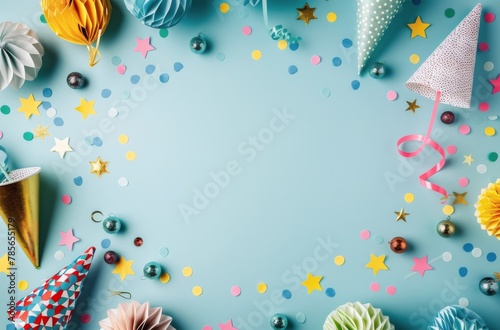 Colorful Paper Hats and Confetti on Blue Background