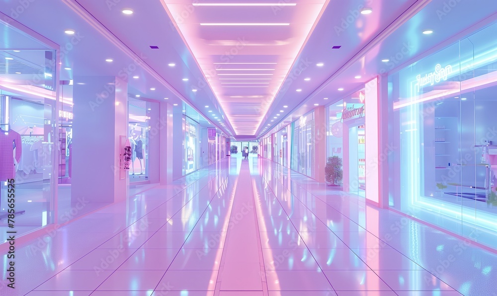 3D rendering virtual shopping concept set in a bright and futuristic mall Luminous digital background