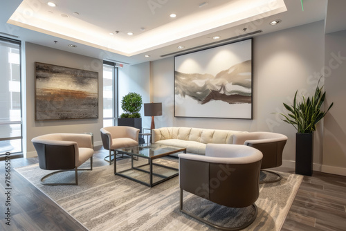 A living room with a white couch and a glass coffee table