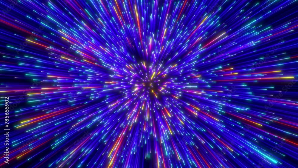 Explosion in space on dark background. Abstract background in blue and yellow neon glow colors. Cosmic background for event, party, carnival, celebration, birthday, anniversary or other. 3D rendering. Explosion in space on dark background. Abstract background in blue and yellow neon glow colors. Cosmic background for event, party, carnival, celebration, birthday, anniversary or other. 3D rendering.