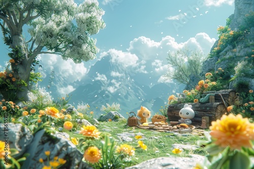 Whimsical 3D Cartoon Characters Having a Picnic in a Magical Mountain Landscape.