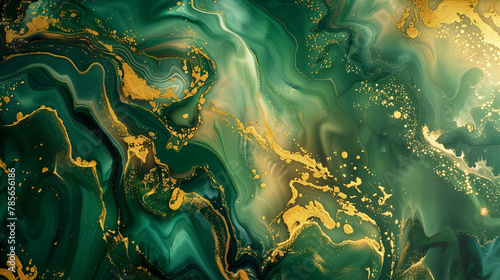 Emerald green and golden hues, abstract background, styled for vibrant contrast and a mystical ambiance