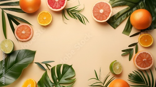 Tropical Fruits and Leaves on Pastel Background top view