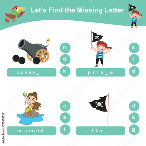 Lets find the missing letter. Missing letters worksheet. Complete the letters in English. Kids educational game. Printable worksheet for preschool