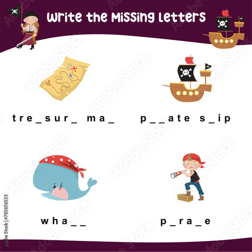 Write the missing letters. Missing letters worksheet. Complete the letters in English. Kids educational game. Printable worksheet for preschool. Writing practice