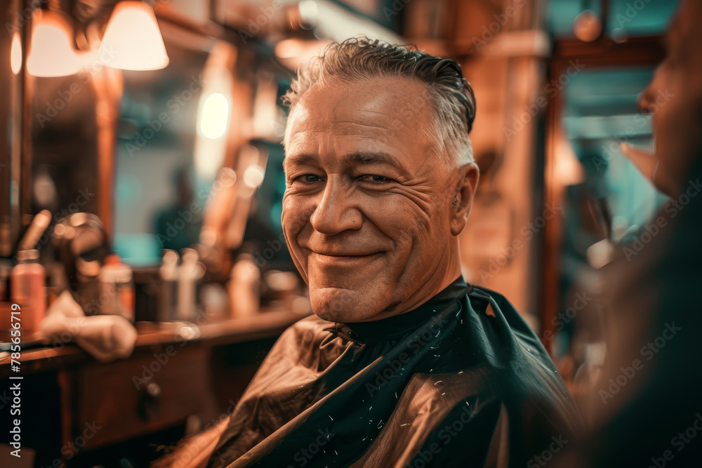 A man is sitting in a barber chair smiling