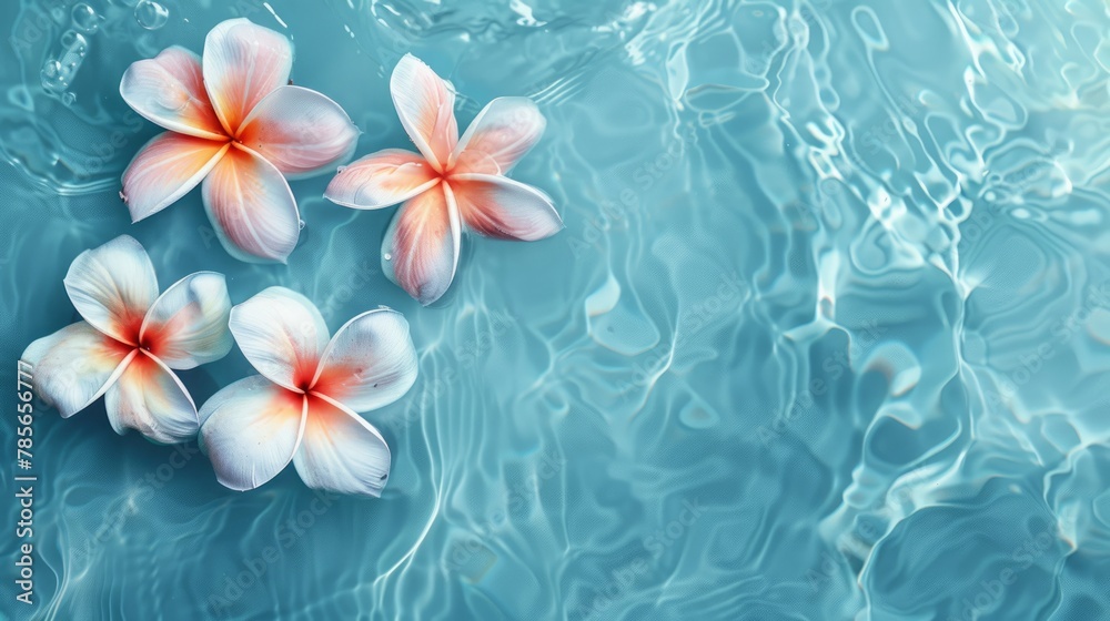 Tropical flowers in a top view floating over a background of blue water Tropical flowers in a top view floating over a background of blue water