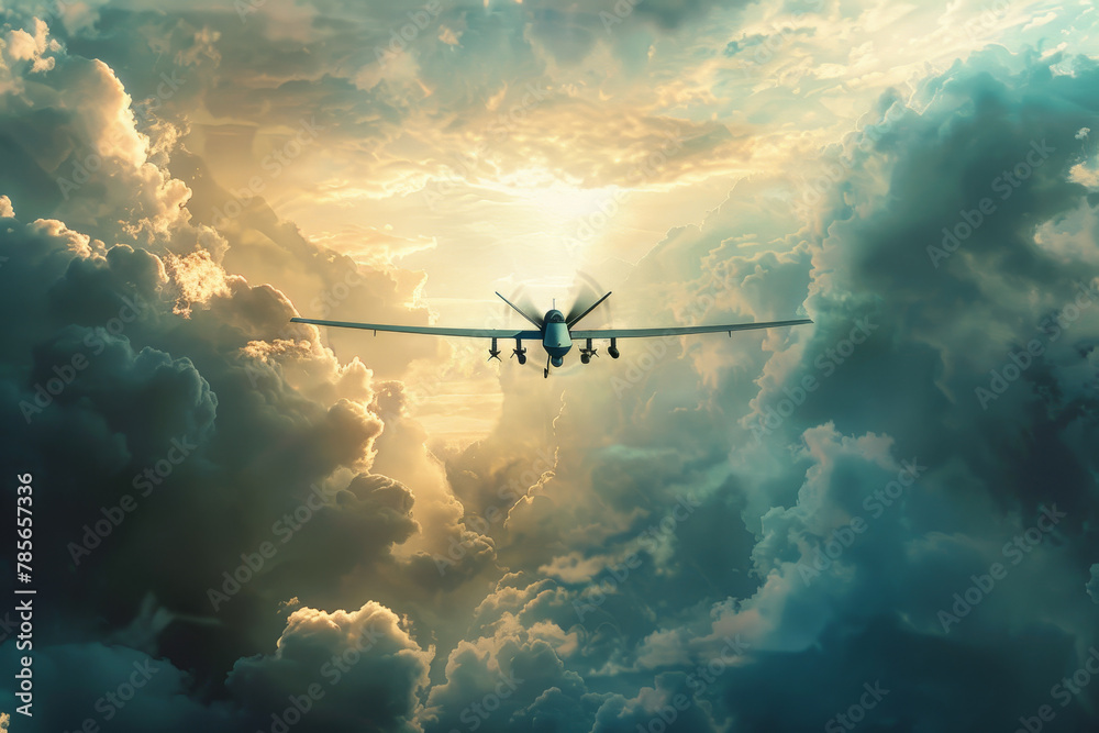 Naklejka premium A small plane is flying through a cloudy sky
