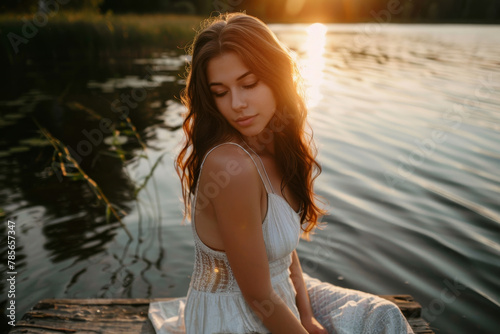 A woman in a white dress is sitting on a dock by a body of water