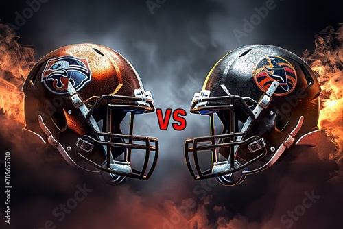 Intense Showdown American Football Helmets in Fiery Head-to-Head Challenge Match.
