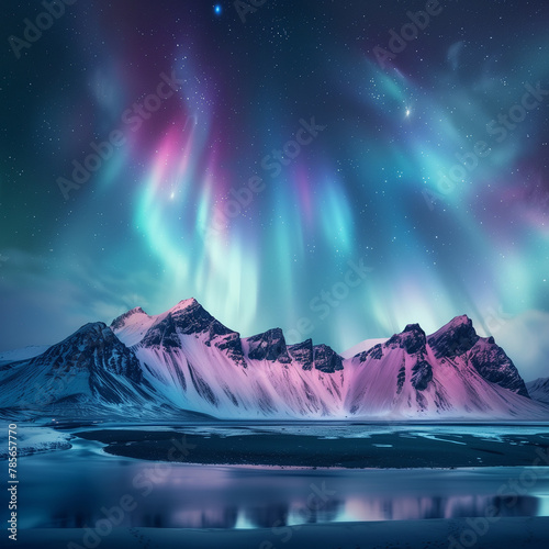 landscape shot of the Northern Lights dancing over a snowy mountain range in Iceland, with long exposure to capture the motion and vibrant colors