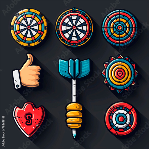 Explore this captivating set of dartboard icons, featuring 9 dynamic and filled designs. Each icon portrays various concepts, including the classic target, a thumbs-up symbol, and arrows hitting