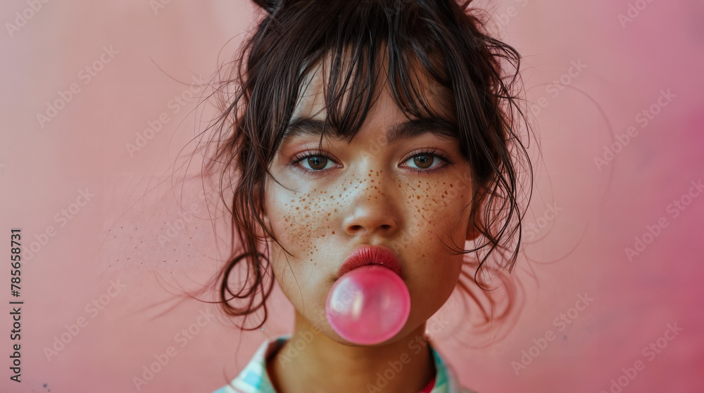 Young woman with bubble gum bubble on pink background Young woman with bubble gum bubble on pink background