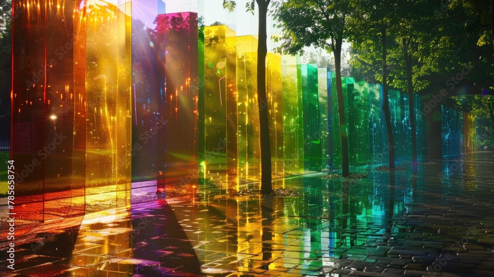 landscape made of glass prisms, refracting light into a spectrum of colors that paint the surroundings