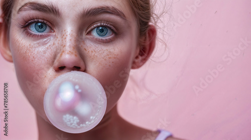 Young woman with bubble gum bubble on pink background