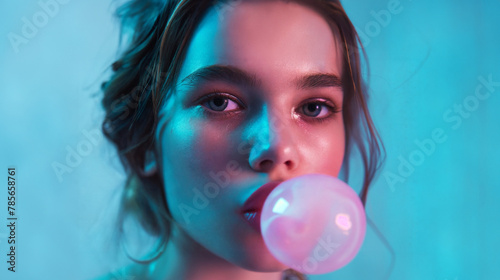 Young woman with bubble gum bubble on blue background