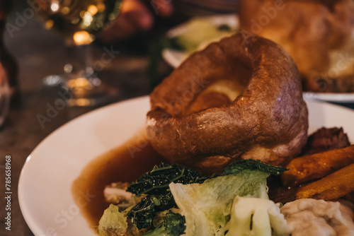 Close up of the Sunday Roast on a plate in a restaurant, selective focus.