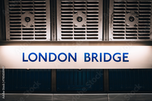 Station name sign on the platform of London Bridge station, London, UK.