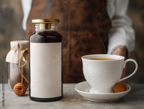 Bottle with mockup label and cup of coffee