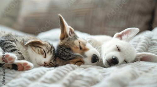 Home pets funny friendly cat and dog sleeping together in bed. AI generated image