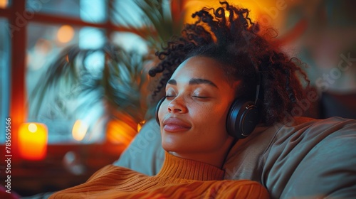 Woman Laying on Couch Wearing Headphones