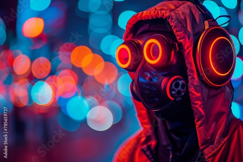 Futuristic gas mask with neon city reflections