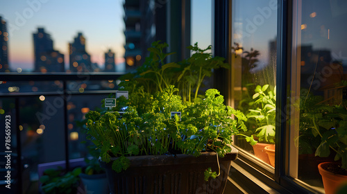 A balcony herb garden at dusk with soft LED grow lights extending the growing hours for herbs like parsley and cilantro blending technology with nature. photo