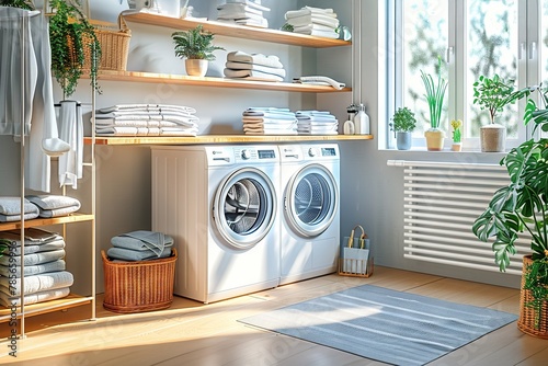 Modern Laundry Room Showcasing Stylish Organization and Home Interior Concept, Perfect for Home Improvement and Decor Inspiration