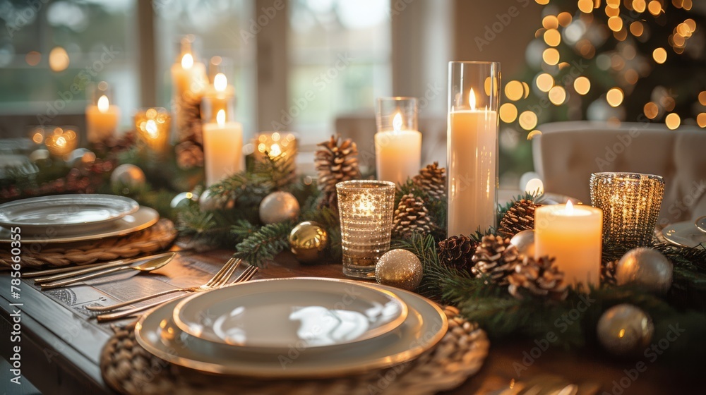 Fototapeta premium Elegant Holiday Dinner Table Set With Candles