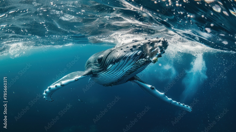 Portrait humpback whale swimming in blue ocean water. AI generated image - obrazy, fototapety, plakaty 