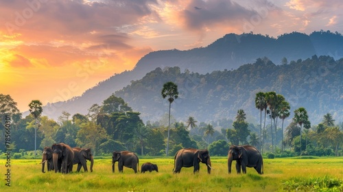 Big asian elephant in green nature park outdoor with mountains background. AI generated image