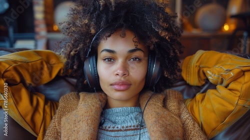 Woman Laying on Couch Wearing Headphones