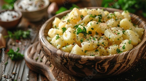 Wooden Bowl Filled With Potato Salad on Table